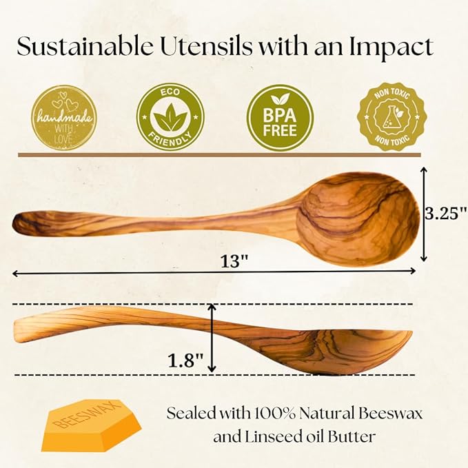 Olive Wood Soup Ladle - Large Handmade 13" Wooden Ladle for Soup, Artisan Ladles, Great Gift, Wood Ladle, Fair-Trade - LESVOS WOODCRAFT