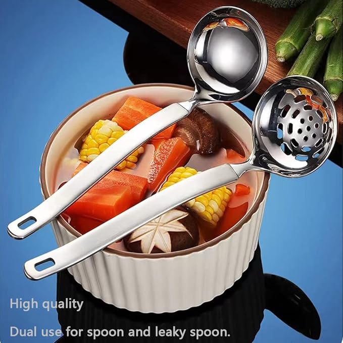 Small Soup Ladle Metal SUS304 Stainless Steel Ladles Spoon And Slotted Colander Spoon Set Soup Ladle With Holes Strainer Scoop Ladles For Serving Gravy Hot Pot Or Restaurant,2 Piece Set