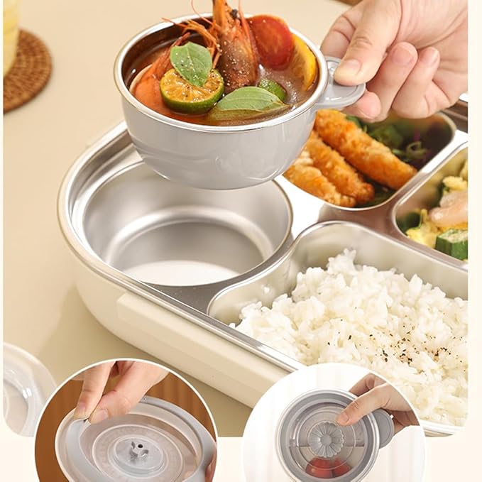 Bento Box Adult Lunch Box 304 Stainless Steel Portable Leakproof Lunch Food with Chopsticks Spoon Soup Bowl Large Capacity Sealed 1500ML (White-5 Compartments, 10.23IN*6.69IN*2.76IN)