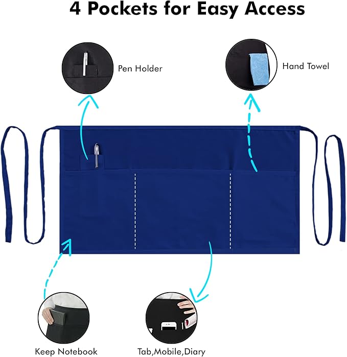 Dreamology Short Aprons,Men & Women,Waitress Apron with Pockets,Server Aprons with 3 Pockets, Cooking, Gardening and Waist Apron,Serving Apron for Waitresses | Extra Long Strap (3 Pack)