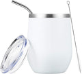 COMOOO 12oz Stainless Steel Wine Tumbler with Lid and Straw, Double Wall Vacuum Insulated Travel Tumbler Cup Stemless for Hot and Cold Drinks, Coffee, Wine, Cocktails, White
