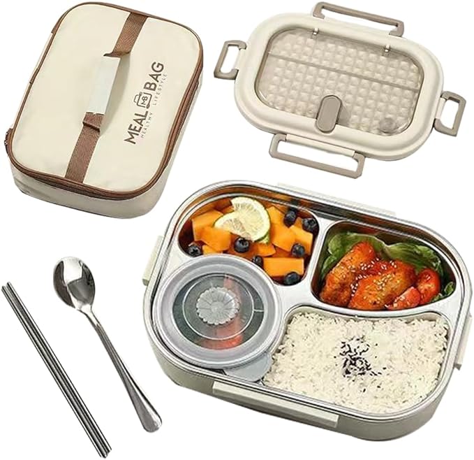 Bento Box Adult Lunch Box 304 Stainless Steel Portable Leakproof Lunch Food with Chopsticks Spoon Soup Bowl Large Capacity Sealed 1500ML (White-4 Compartments, 10.23IN*6.69IN*2.76IN)