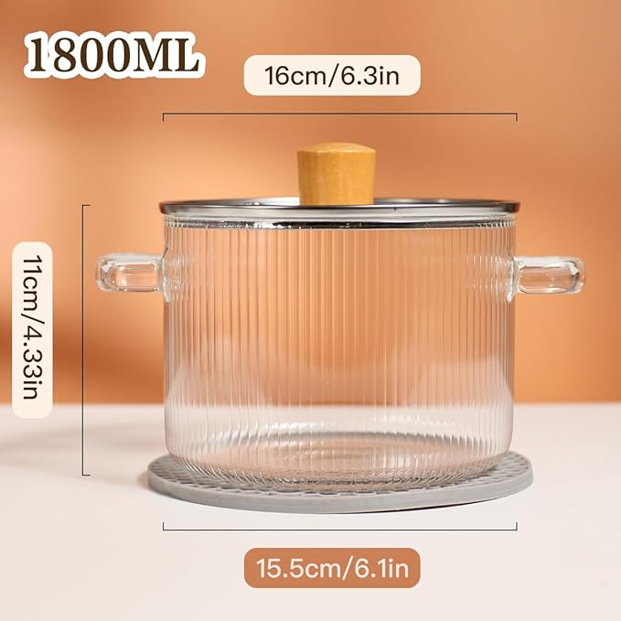 Glass Cooking Pot with Lid - 1.8L(63oz) Heat Resistant Borosilicate Glass Saucepan with Brush & Anti-Scalding Mat for Pasta Noodle, Soup, Milk, Baby Food