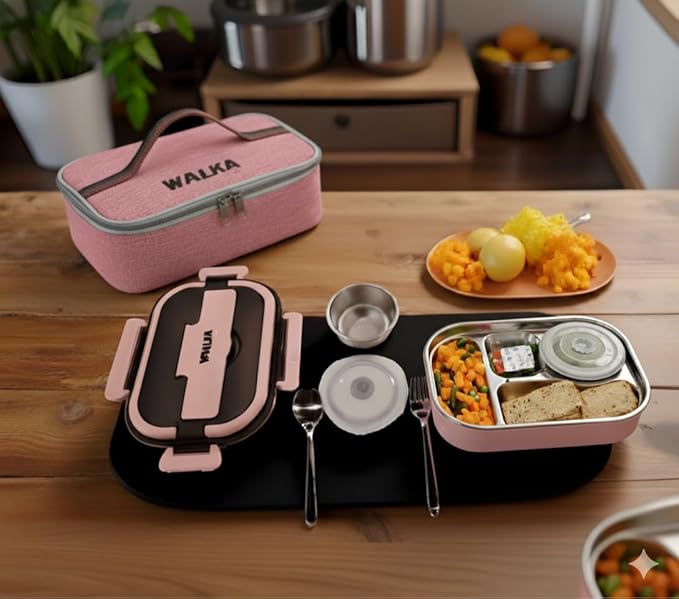 WALKA Lunch Box Stainless Steel, Metal Bento Boxes Leak-Proof, 4 Compartments Bento Lunch Box, Food Storage Containers, Dishwasher Safe with Bag (Pink)