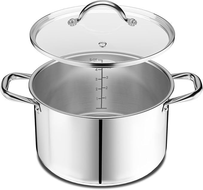 Stainless Steel Stockpot with Tempered Glass Lid 5 Quart, Durable 18/0 Stainless Steel, Impact-Bonded Base for Even Heating, Riveted Handles, Oven & All Stove Compatible, Safe Up To 500°F (260°C)