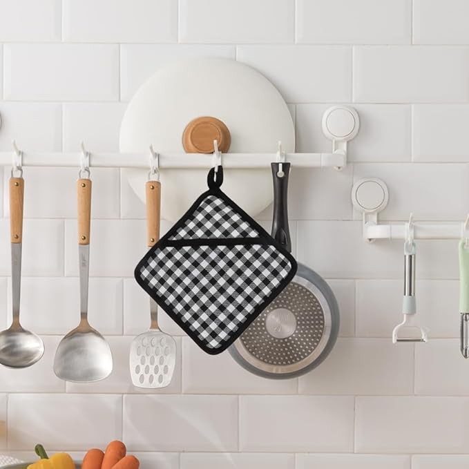 Pot Holders for Kitchen 2 Pack Heat Resistant Hot Pads for Kitchen Counter Decor Silicone Non-Slip Hot Pads with Soft Cotton Lining Pot Holder Trivets for Kitchens Oven Cooking Baking Pans,Black Plaid