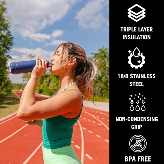 Best in Class Triple-Walled Insulated Stainless Steel Water Bottle with bonus handle included, Drinks Cold for 24h & Hot for 12h, Leak Proof, Make a Difference in the World, 17oz (Navy Blue)