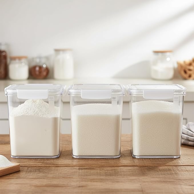 Plastic Containers With Lids for Food, 3Pcs Airtight Food Storage Containers for Pantry, Flour and Sugar Containers Set, BPA Free Clear Stackable Kitchen Storage Bins for Home,Pantry