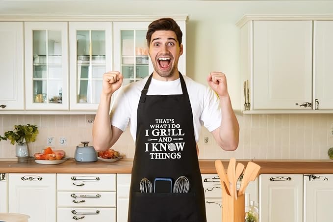 Funny Grilling Aprons for Men with Pockets BBQ Novelty Cooking Apron for Son Grandad Christmas Fathers Day Gift