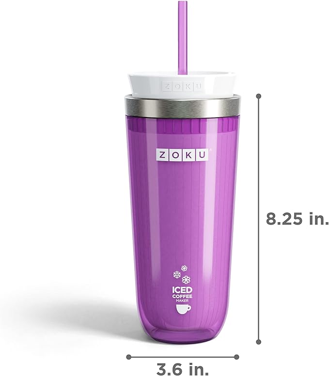 ZOKU Instant Iced Coffee Maker, Reusable Beverage Chiller Cools Hot Beverages in Minutes Without Dilution, Portable 11-ounce Tumbler With Spill-resistant Lid and Straw, Purple