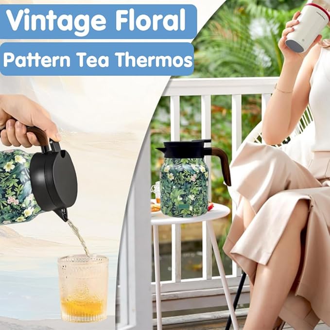 Vintage Floral Pattern Tea Pots – Built-in Infuser,Vintage Floral Teapot with Built In Infuser Stainless Steel Thermal Carafe with Lid for Hot Drinks,Blue(Wooden handle,35oz)