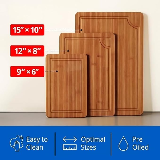 Bamboo Cutting Board Set (3-Pc) – Eco-Friendly Small/Medium/Large Chopping Boards with Deep Juice Groove & Handles – Heavy-Duty Butcher Block for Meat, Vegetables & Charcuterie