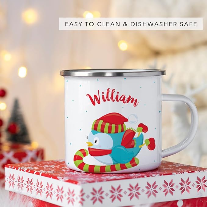 Andaz Press Personalized Name 11oz. Kids Christmas Hot Chocolate Stainless Steel Campfire Coffee Mug, Festive Blue Owl Candycane, 1-Pack, Custom Child’s Birthday Xmas Cup
