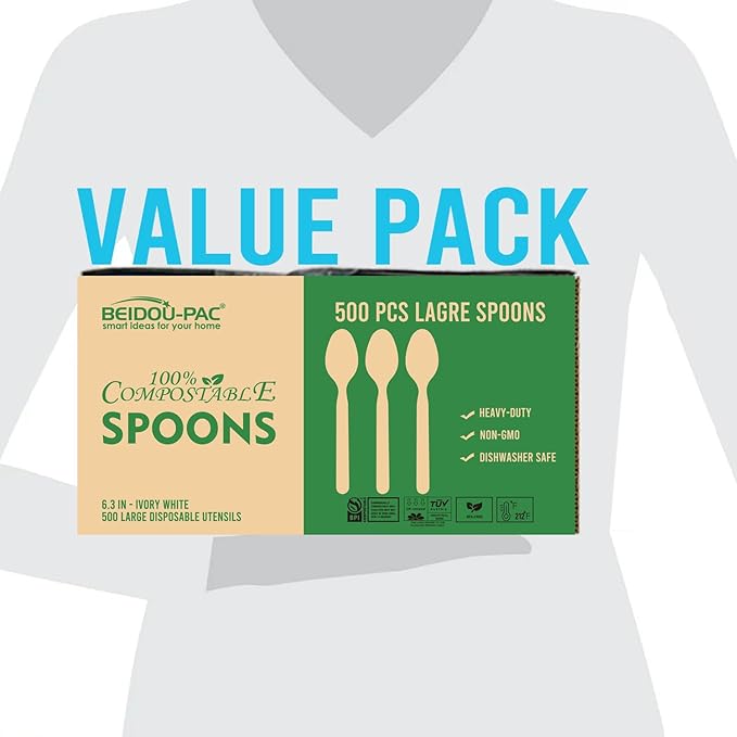 Compostable Spoons 500 Count, 7 In Large Disposable Biodegradable Flatware, Eco Friendly Durable Heat Resistant Cutlery Silverware Alternative to Plastic Spoons, BPI Certified