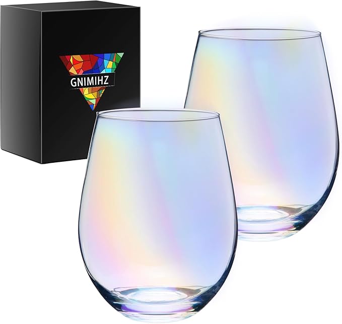 Iridescent Stemless Wine Glasses for Red or White Wine (Set of 2), 18-Ounces, Large Wine Glasses for Cabernet, Pinot Noir, Burgundy, Bordeaux