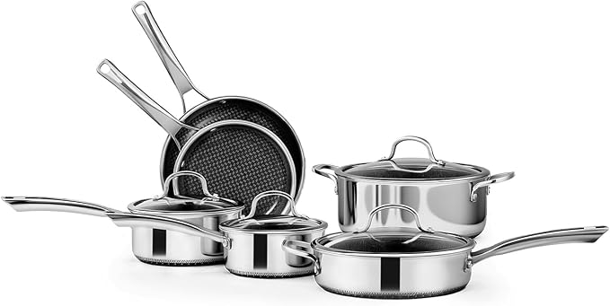 VINGLI 10 Pcs Non-Stick Cookware Set, Stainless Steel Pots and Pans Set with Lids, Non-Toxic Saute Sauce Pot, Soup Pot, Frying Pan, PFOA & PTFE Free, Compatible for All Cooktops