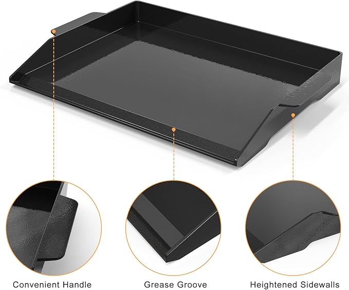 Onlyfire Universal Enamelled Cast Iron Cooking Griddle, Nonstick Coating Griddle Flat Top Grill Plate with extra high sidewalls for All Gas Grills and 4 Burner Range Oven, 23" x 16"
