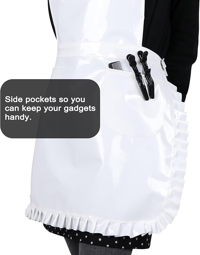 Glossy Cute Ruffled Apron, Lace-Up Model with Two Pockets, Vinyl Apron for Artists and Barbers, Waterproof