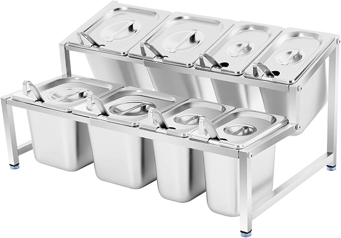 2 Tier Expandable Spice Rack, 8 Pans Commercial Seasoning Organizer Shelf with Spoons & Lids, Adjustable Stainless Steel Countertop Inclined Holder for Kitchen, Restaurant