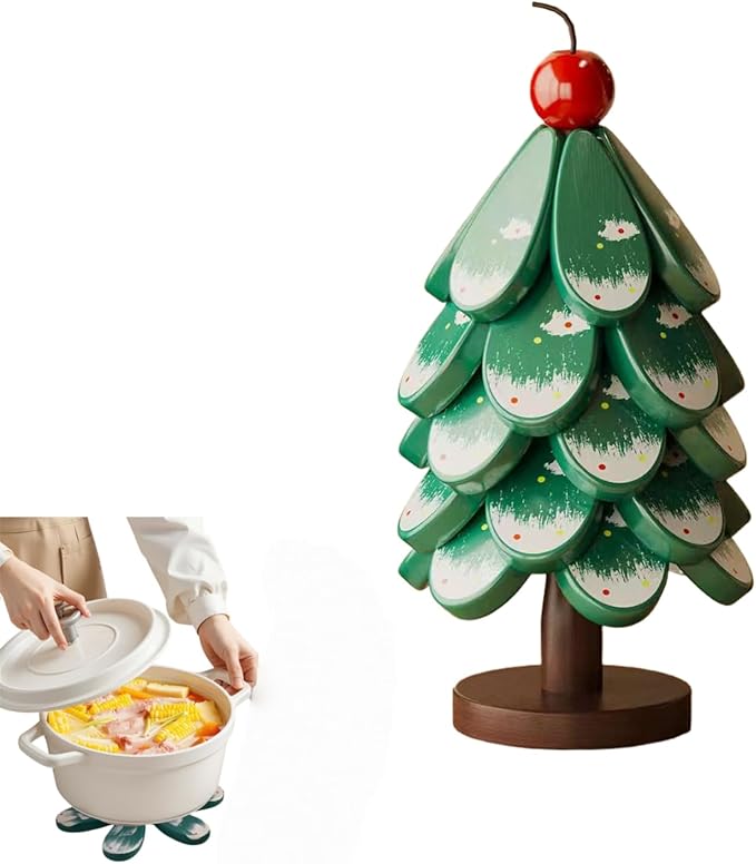 Christmas Tree Trivet,Wooden Tree Trivet Set of 4 Wooden Trivets & 1 Stand Like a Christmas Tree, Foldable Kitchen Wooden,for Hot Dishes Pot Bowl Teapot Hot Pot Holder (Cherry 5pair)