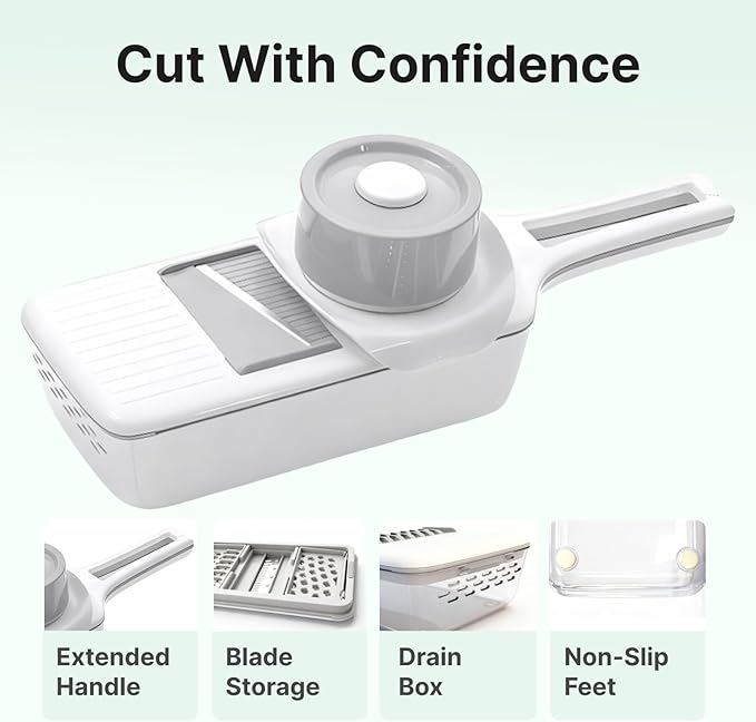 Mandoline Slicer for Kitchen with Drain Box, 6-in-1 Vegetable & Cucumber Slicer with Safety Guard, Extended Handle, Easy Clean Slice-Rinse-Store Design for Salad Prep & Daily Cooking