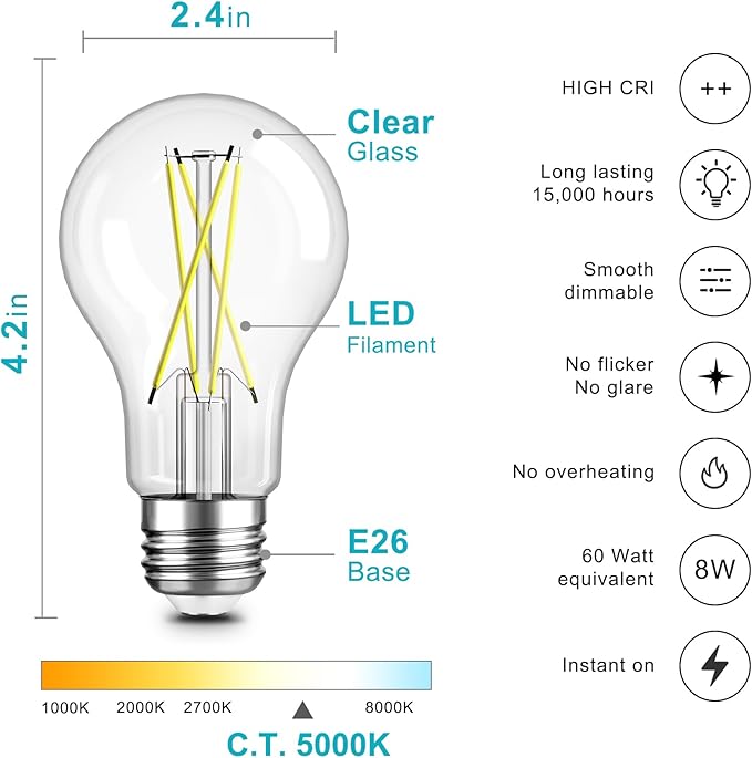 TJOY 12 Pack A19 Vintage LED Edison Bulbs, Dimmable, 60W Equivalent, High Brightness 5000K Daylight, Ultra-Bright, 8W E26 Standard Base, 800 Lumens, CRI80+, Clear Glass Filament Bulb for Home