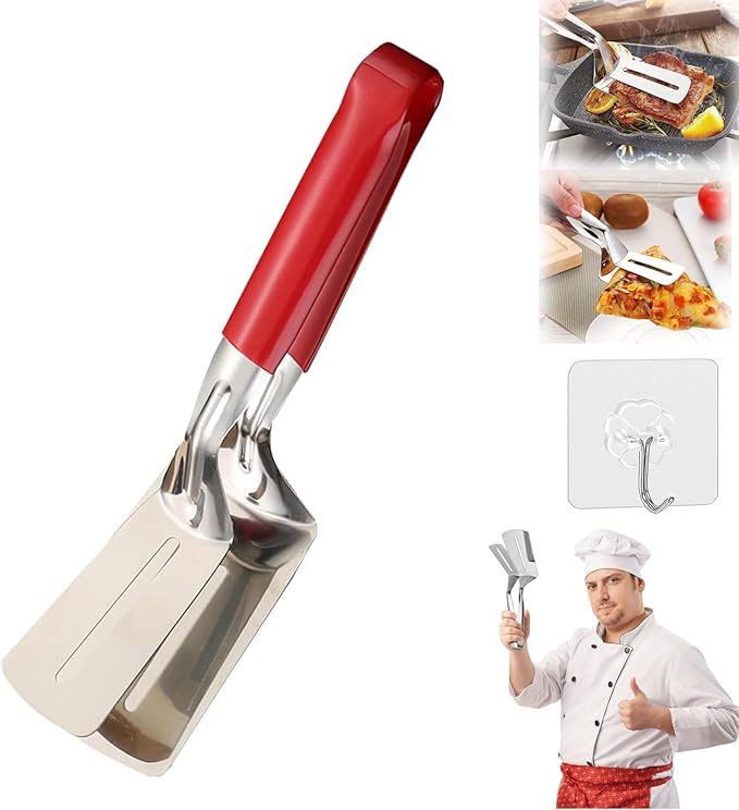 Stainless Steel Grill Clamp, 11.8 in Anti-Scald Extended Handle Spatula Tongs, Multifunctional Stainles Steels Double-Sided Food Flipping Spatula Tongs Clip, for Flipping Steak, Fish (1, B, Extended)