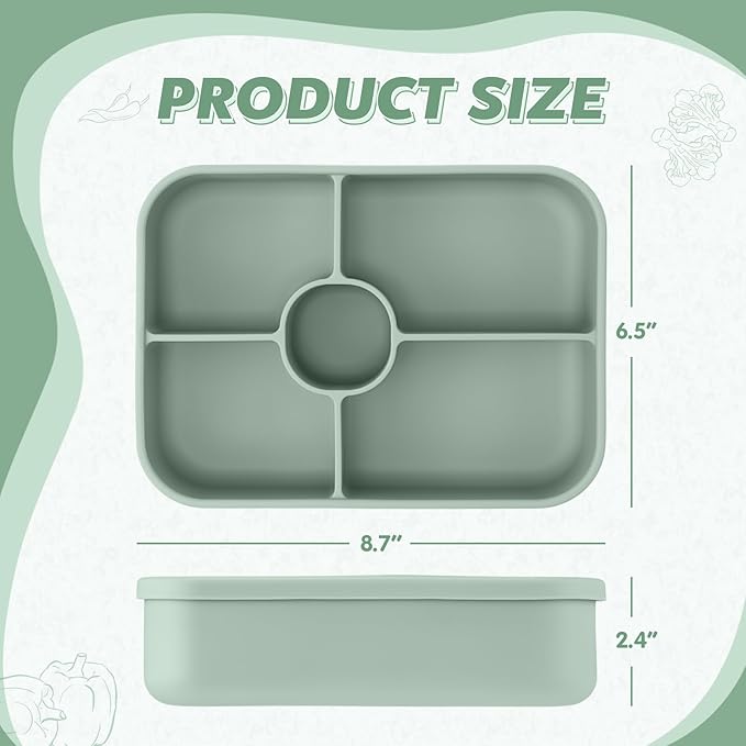 4 Pack Silicone Bento Boxes for Adults, 5 Compartment Reusable Lunch Containers with Sauce Section, Leakproof Meal Prep Snack Box Microwave & Dishwasher Safe for Work School Office(Green)