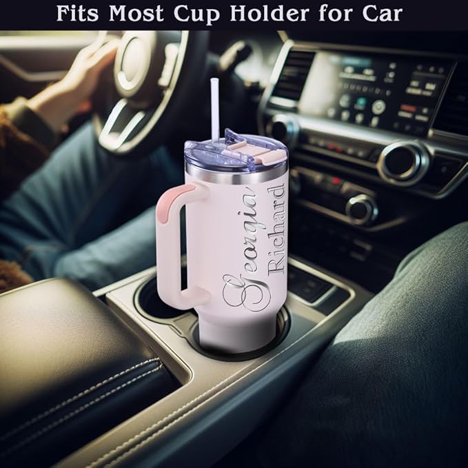 iProductsUS Personalized 40oz Tumbler with Handle & Straw Christmas Gift for Mom or Wife! Custom Engraved Name & Birth Flower, Spill-Proof Lid, Mom Coffee Travel Mug! (Pink Rose Quaretz