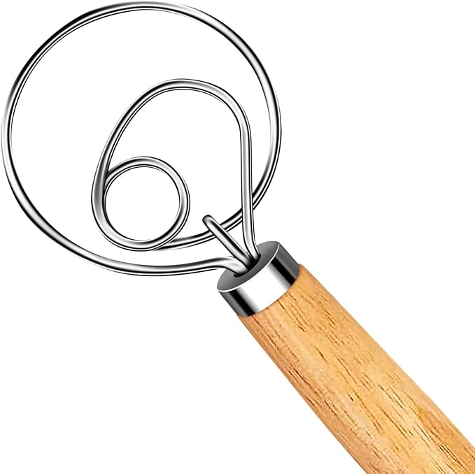 Hand Whisk Stainless Steel Dough Hook Dutch Whisk for Sourdough Bread Dough Mixer Hand Wooden Handle Kitchen Whisking Mixing Tool Bread Making Tools (1 eye)