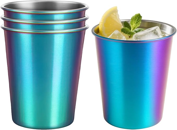 4 Pack 8oz Stainless Steel Cups, Stainless Steel Rainbow Electroplating Beer Pint Cups, Stainless Steel Tumbler for Home & Outdoor Activities, Stackable Drinking Glasses, Reusable, BPA Free