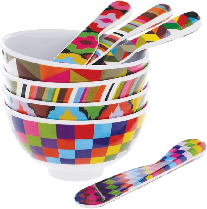 French Bull Melamine Mini Bowl, 4-Piece Set, 10 Fluid Ounces, Small Serving Bowl – Snack, Condiment, Dip, Dessert, Ice Cream – Shatter Proof, Food-Safe, BPA Free, Dishwasher Safe, 4”, Graphic