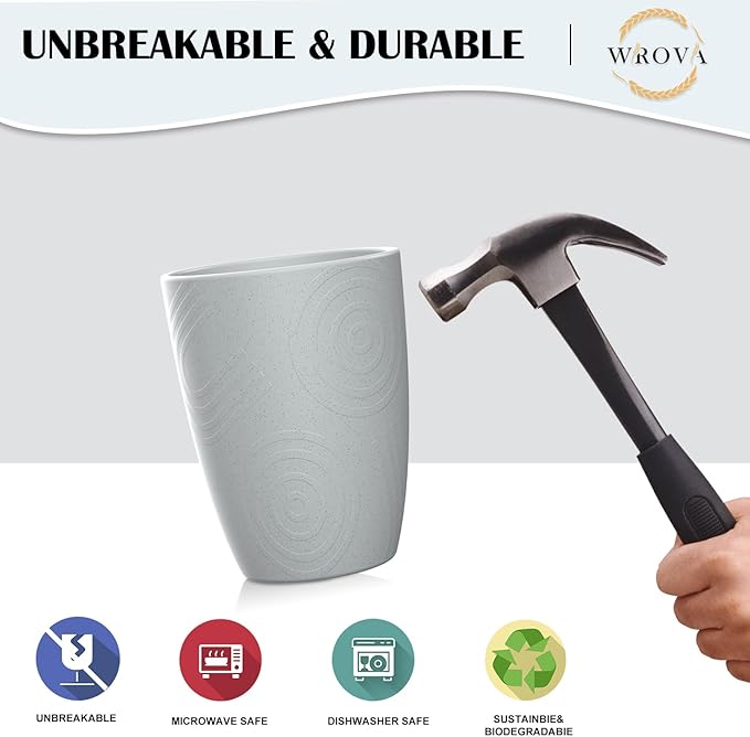 Wrova Wheat Straw Cups 8 PCS Good Alternative to Plastic Reusable Cups 12 oz Unbreakable Drinking Cup Reusable Dishwasher Safe Water Plastic Glasses Light Grey