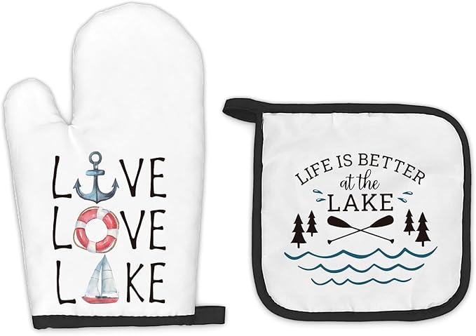 Lake Lovers Gifts Oven Mitts and Pot Holders Sets, Lake House Gifts Kitchen Accessories Sets, Lake House Decor,Life is Better at The Lake Heat Resistant Oven Glove Potholders for Kitchen Baking