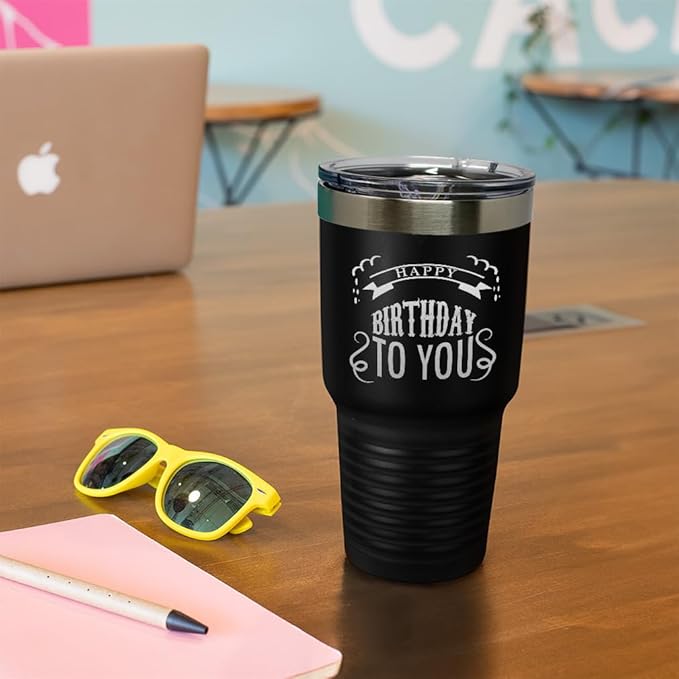 Tumblera Tumblers Travel Mugs Happy Birthday to You A Alphabet & Monograms Birthday Insulated Drinkware Personalized Tumbler Cups Coffee Tumbler Engraved Stainless-Steel 30 Oz Purple Design Only