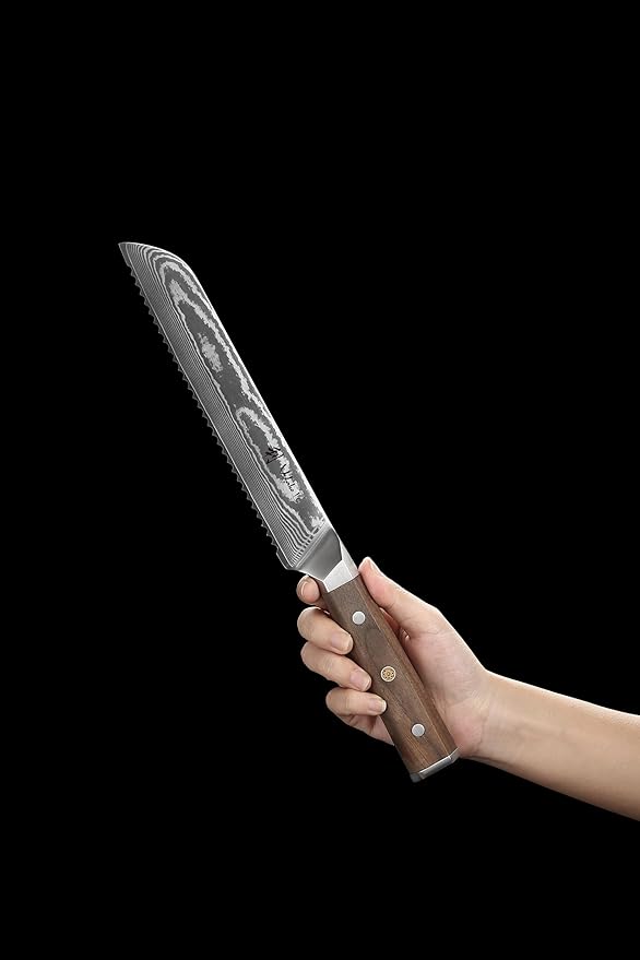 Wakoli HIK Full Tang Damascus Bread Knife – Serrated Kitchen Knife | 8-Inch Blade Made of 67-Layer Damascus Steel with VG10 Core | Walnut Wood Handle | Sharp, Durable, Gift Box Included