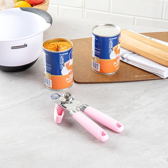 Restaurantware Comfy Grip 7.6 x 1.9 x 2.1 Inch Can Opener 1 Durable Manual Can Opener - Sharp Wheel Blade Grip Handle Pink Stainless Steel Hand-Held Can Opener Built-In Bottle Opener
