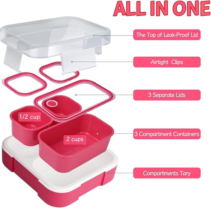 Genteen Small Kids Snack Containers for School 3 Compartment Travel Snack Containers with Dividers Portion Control Lunch box for Kids with Leak-proof Lids BPA Free (Dark Pink + Blue)