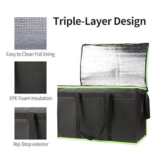 Bodaon 4-Pack Cooler Insulated Food Delivery Bag for Doordash/Uber Eats, XXX-Large Thermal Bags for Catering/Hot Pizza, Travel/Camping/Picnic Basket，Grocery Reusable Warmer Frozen, Black-Green Edge
