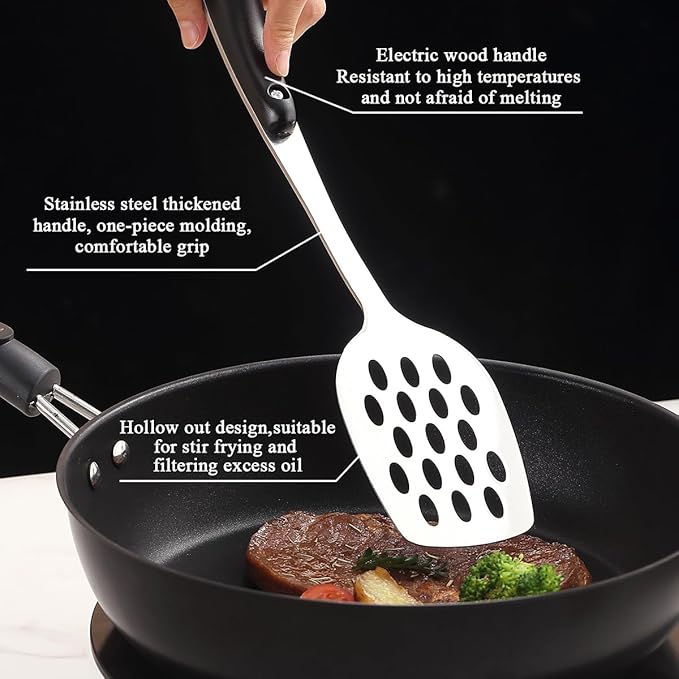 Berglander Stainless Steel Kitchen Utensils Set 6 Pcs, Cooking Utensil Sets, Kitchen Gadgets Essentials Include Metal Spatula Set, Skimmer, Ladle, Serving Spoon, Slotted Spoon, Carving Fork