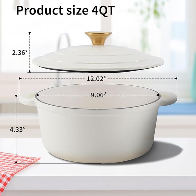Enameled Cast Iron Dutch Oven Pot with Lid Heavy-Duty Cookware for Bread Baking,Braising,Stews,Roasting,Oven Safe up to 500°F,4QT,creamy white