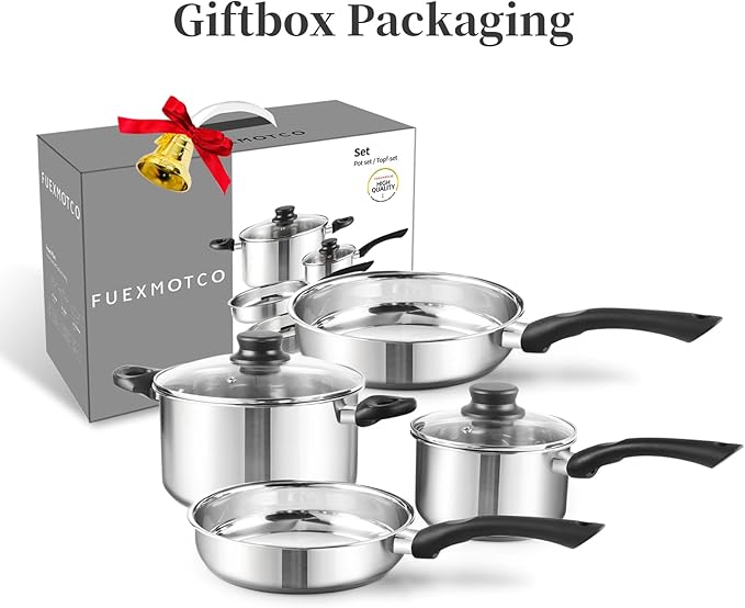6-Piece Stainless Steel Cookware Set with Glass Lids, Stay-Cool Handles | Fry Pan, Saucepan, Sauce Pots | Compatible with Induction, Electric, Gas Stovetops | PFOA-Free, Dishwasher Safe