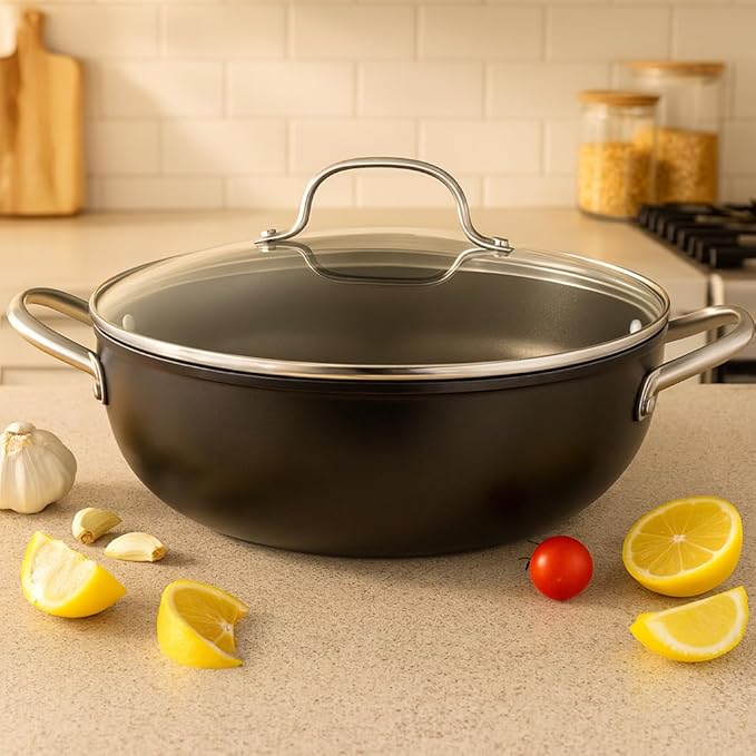 Cuisiland 11" Honeycomb Cast Iron Wok with Lid & Dual Handles – Non-Stick Stir-Fry Pan, Stainless Steel Handles, Oven Safe, Classic Heat Retention for Steaming, Stir-Frying & Sautéing
