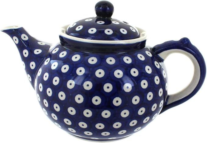 Blue Rose Polish Pottery - Blue Dots Teapot - 5 Cup Capacity - Hand-Painted Polish Pottery Ceramic Coffee & Tea Server