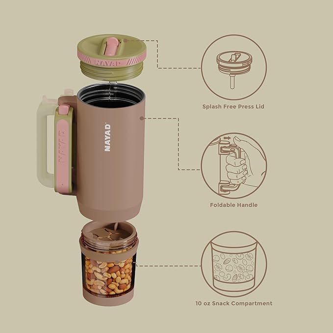 NAYAD 22 oz Flip Straw Tumbler with Handle & 10oz Snack Container Insulated Stainless Steel Water Bottle with Foldable Handle Dual Lids for Travel Gym Car Daily Use Christmas gifts(Light brown)