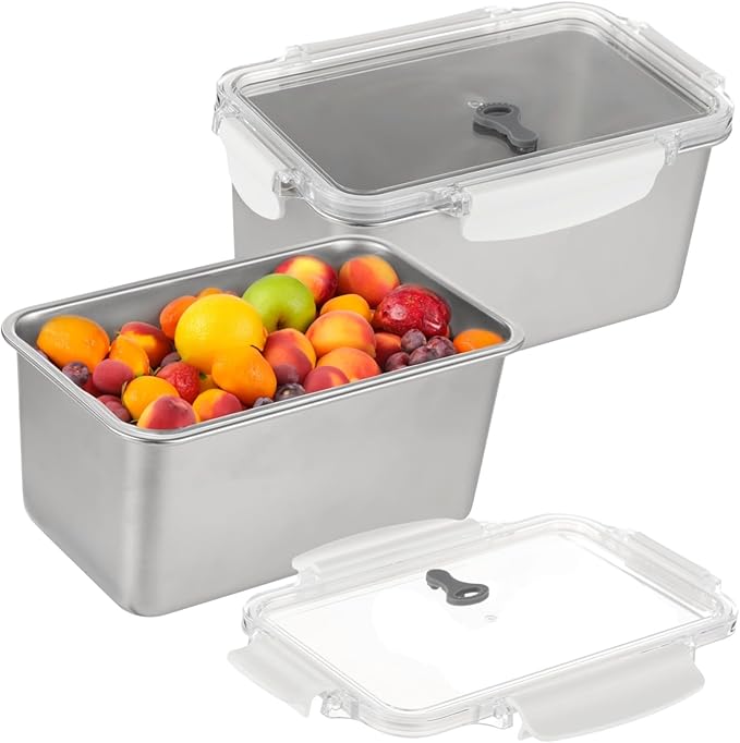 2 Pcs Food Storage Containers with Lids, 2100 ml / 71 fl oz 304 Stainless Steel Storage Box, Leakproof Bento Box, Refrigerator & Microwave Oven Safe, Safe Rust Free Food Container for Home, Picnic