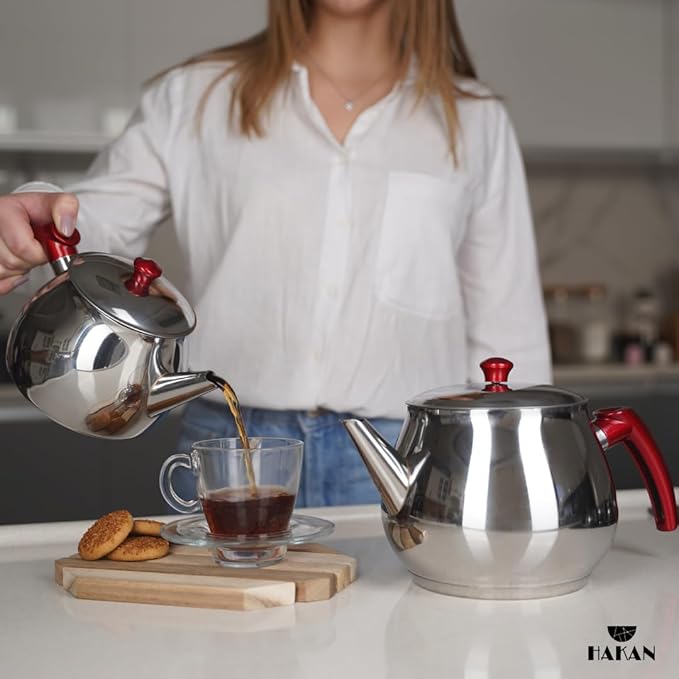 Hakan Stainless Steel 2 L, 67 Oz, Mini Double Bondy Tea Pot Set with Self Strainer Double Lids, Turkish Samovar Style Teapot Set, Tea Kettle for Loose Leaf Tea with Red Bakelite Handle 2.1-Quart