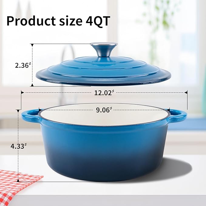 Enameled Cast Iron Dutch Oven Pot with Lid Heavy-Duty Cookware for Bread Baking,Braising,Stews,Roasting,Oven Safe up to 500°F,4QT,blue