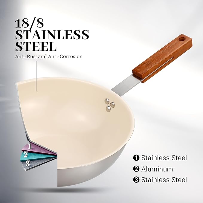 MARSKITOP Stainless Steel Wok Pan, Ceramic Nonstick Stir Fry Pan with Lid and Wooden Handle, 9.5 Inch Induction Wok, PFAS Free