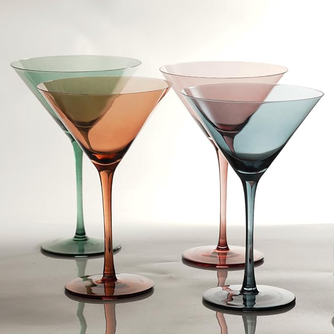 Colored Martini Glasses Set of 4-9 oz, Handmade Premium Crystal Cocktail Glasses, Martini, Cosmopolitan, Manhattan, Gimlet, Pisco Sour, Christmas Gifts for Men Women, Colored